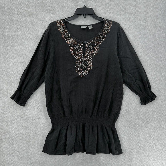 Chicos Top 3 (XL) Pullover Gauzy Sheer Black Elastic Waist Sequins Beaded Blouse - Picture 3 of 16